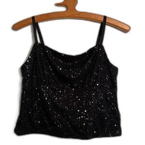 No Boundaries Draped Neckline Black Crop Tank Top W/ Sequin Spaghetti Straps M